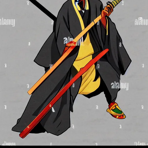 Prompt: Snoop dogg samurai Champloo Champloo defensive stance with katana, in style of samurai anime, artsation, close up