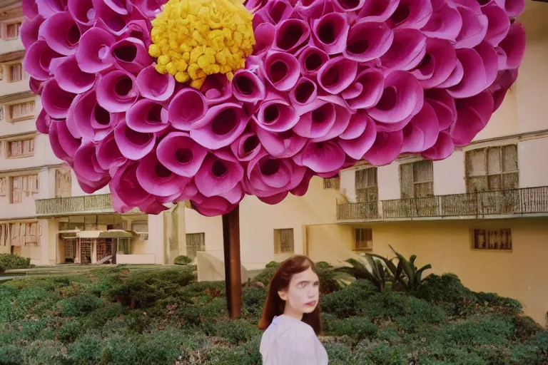 Image similar to giant flower head, girl walking in 1 9 6 0 s hotel, surreal, symmetry, mid century, fanciful, hue, detailed, wes anderson