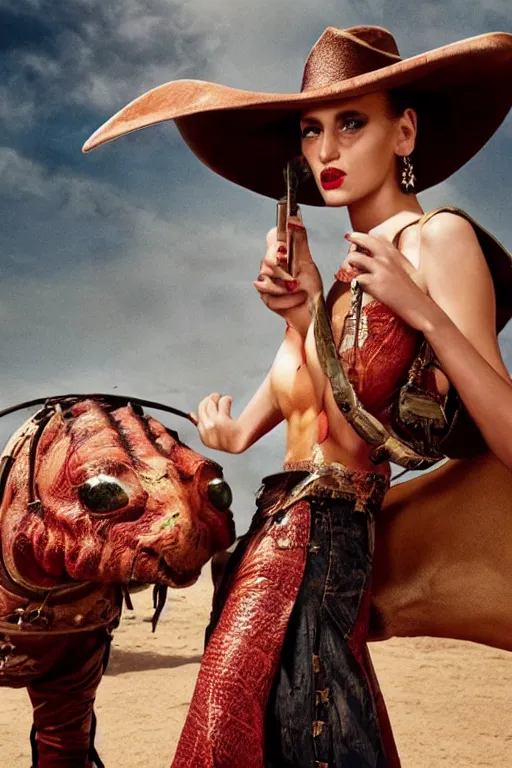 Image similar to dolce & gabbana campaign featuring jar jar binks as a female cowgirl, long eyeslashes, huge juicy lips, big seductive eyes, shot by mario testino, realistic vfx simulation