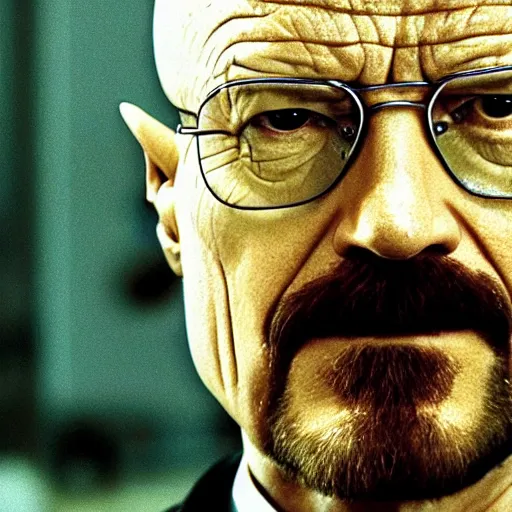 Image similar to close up film of walter white as neo in the matrix film, highly detailed face, highly detailed skin