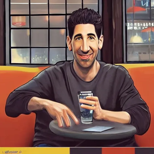 Image similar to digital artwork of ross geller sitting in central perk, in the style of artgerm, detailed face, expressive face,