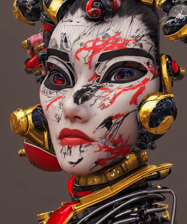 Image similar to an epic fantastic realism comic book style portrait painting of a japanese robotic geisha with kanji tattoos and decals, apex legends, octane render, intricate detail, 4 k hd, unreal engine 5, ex machina, irobot