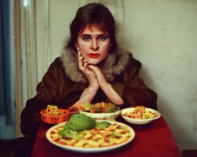 Image similar to 1 9 7 9 a soviet movie still a russian woman sitting at a table with a plate of food in dark warm light, a character portrait by nadya rusheva, perfect symmetric coherent face, featured on cg society, neo - fauvism, movie still, 8 k, fauvism, cinestill, bokeh, gelios lens