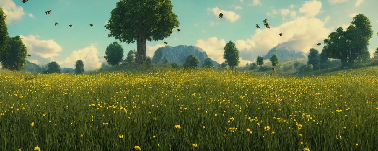 Prompt: a beautiful meadow landscape with cute happy bees flying, flowers, happy trees, photorealistic, octane render, rtx, hdr, unreal engine, digital art widescreen 8 k