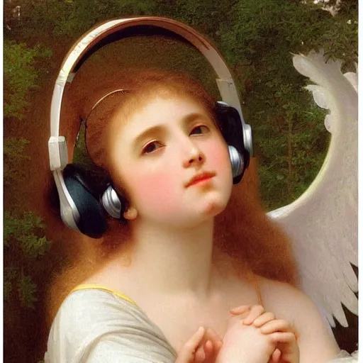 Image similar to an oil painting of an angel with headphones listening to vaporwave, by Bouguereau, highly detailed and intricate,