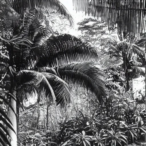 Prompt: a rizom lost film footage of a 3 d shape in the middle of the tropical jungle / shape / shape / tropicalism / tropicalism / film still / cinematic / enhanced / 1 9 2 0 s / black and white / grain