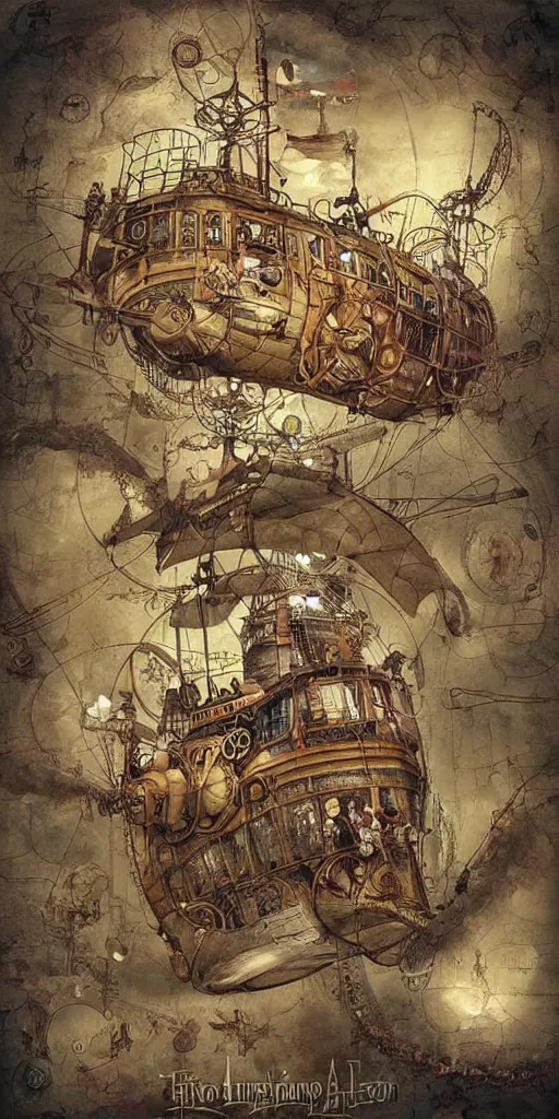 Image similar to a vintage steampunk living airship by alexander jansson and where's waldo and leonardo da vinci