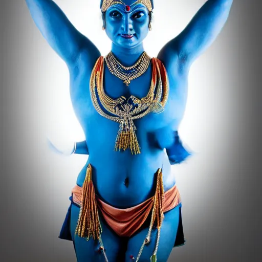 Prompt: blue - skinned indian goddess with six arms, symmetric, aesthetic!!!, cosplay, studio lighting