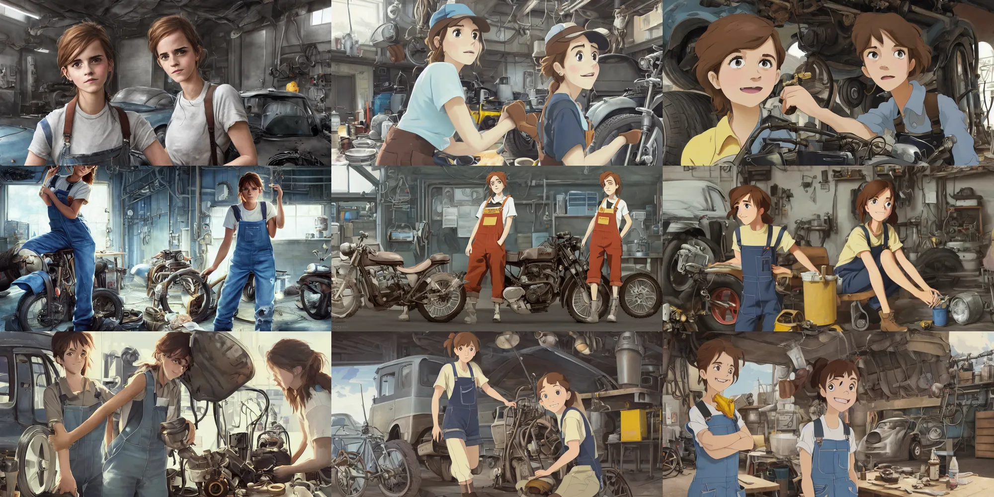 Prompt: a wholesome animation key shot of emma watson as an auto mechanic, dressed in an oily pair of torn overalls, white t - shirt and brown boots repairing the tires of a motorcycle in the workshop garage, medium shot, waist up, studio ghibli, pixar and disney animation, sharp, rendered in unreal engine 5, anime key art by greg rutkowski, bloom, dramatic lighting