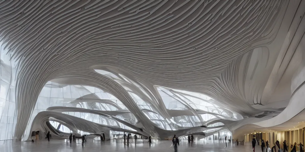 Image similar to extremely detailed ornate stunning sophisticated beautiful elegant futuristic museum lobby interior by Zaha Hadid, stunning volumetric light, stainless steal, concrete, translucent material, beautiful sunset, tail lights