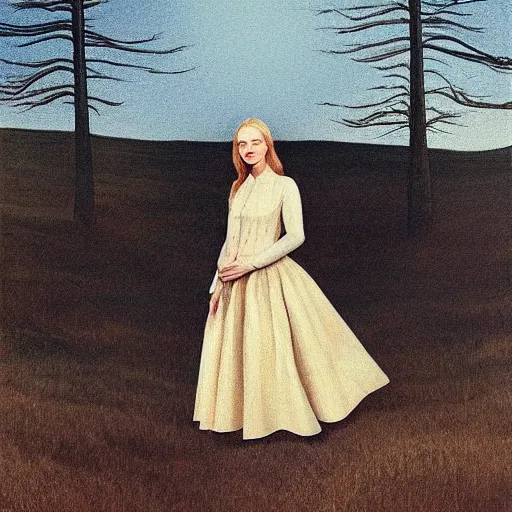 Image similar to Elle Fanning in the painted world of The Road, head and shoulders masterpiece, apocalypse, golden hour, cosmic horror, artstation, in the style of Andrew Wyeth and Edward Hopper and Bosch, extremely detailed