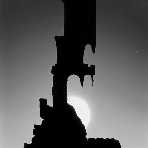 Image similar to A sun rising over a collapsed stone tower, with a looming shadow. Dark Fantasy, Film Noir, Black and White. High Contrast, Mike Mignola, D&D, OSR