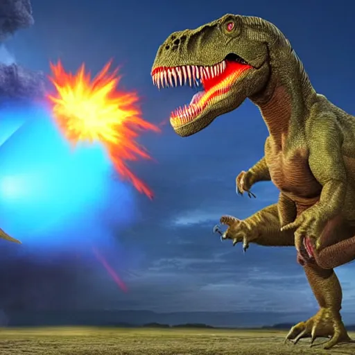 Image similar to a man punching a tyrannosaurus rex causing a nuclear explosion, 3 d, dynamic lighting, vivid imagery