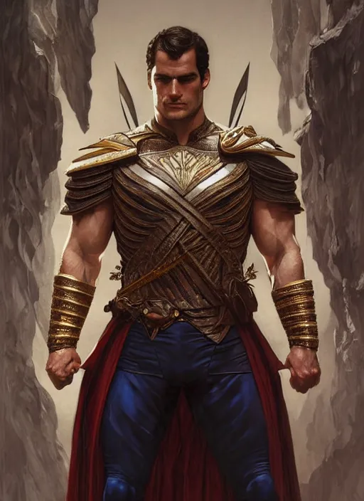 Image similar to Henry Cavill as a warrior ranger, upper body, D&D, muscular, fantasy, intricate, elegant, highly detailed, digital painting, artstation, concept art, smooth, sharp focus, illustration, art by artgerm and greg rutkowski and alphonse mucha