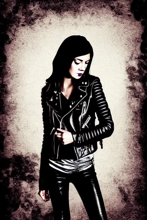 Image similar to dreamy rock girl, black leather jacket, detailed acrylic, grunge, perfect lighting. professional design. great composition, illustration