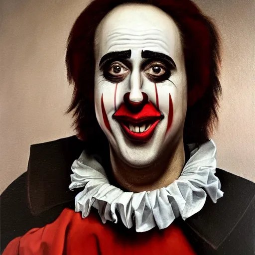 Image similar to detailing character concept portrait of Nicholas Cage acting as a clown by Caravaggio, on simple background, oil painting, middle close up composition, hyper realistic