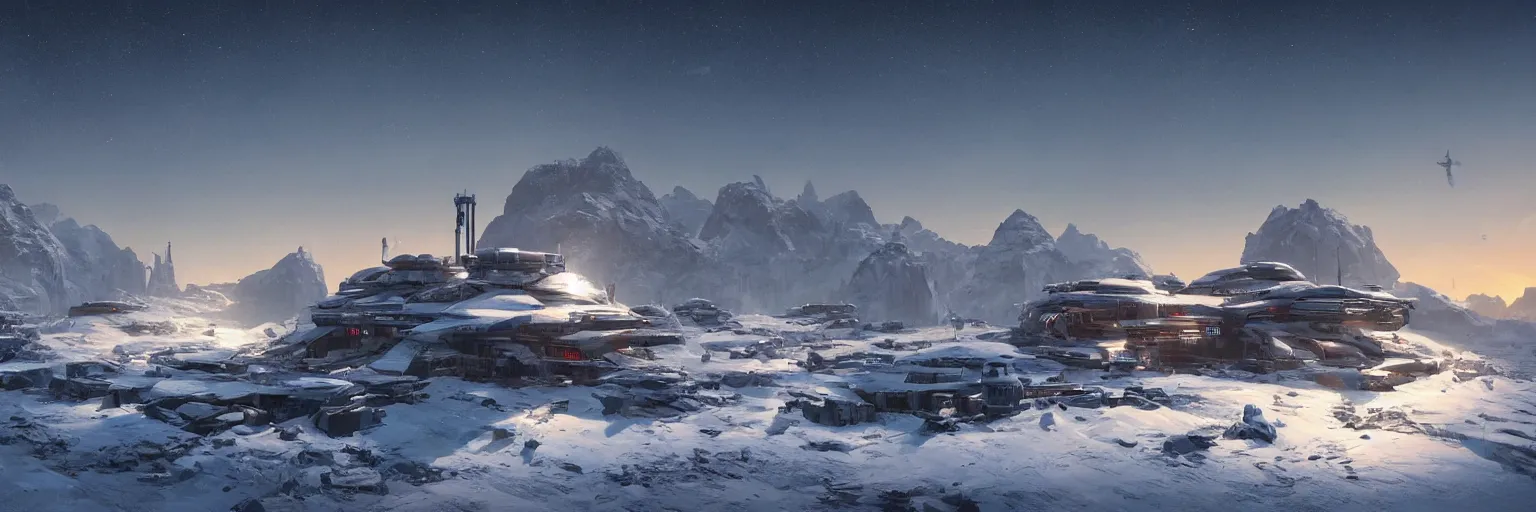 Prompt: “Concept art of a modern research outpost on a snowy mountain at sunset on an alien world, 2077 , 8k, star citizen, art station”