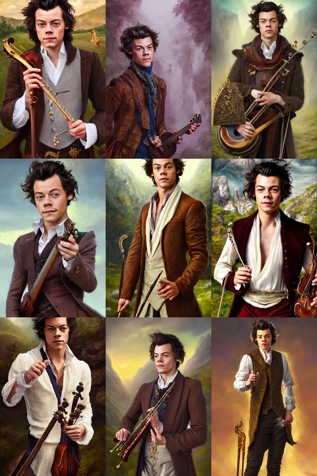 Image similar to a full body high detail fantasy portrait oil painting illustration of harry styles as elegant male bard by justin sweet with face and body clearly visible, in a scenic background, pupils visible, realistic proportions, d & d, rpg, forgotten realms, artstation trending, high quality, sombre mood, artstation trending, muted colours, entire person visible!