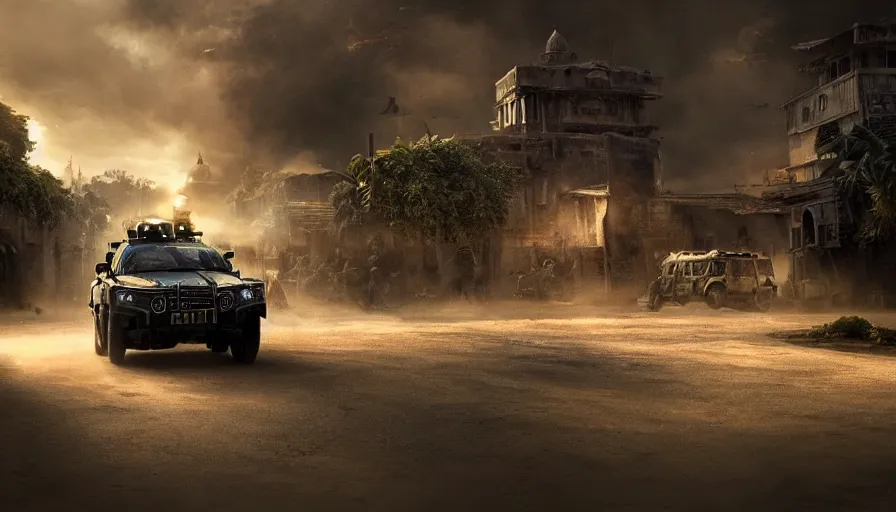 Image similar to a militarized police vehicle riding through a kerala village, furious action scene, an epic fantasy, dramatic lighting, cinematic, establishing shot, extremely high detail, photorealistic, cinematic lighting, artstation, matte painting, octane render, hdr, by Christopher Nolan, horizon forbidden west