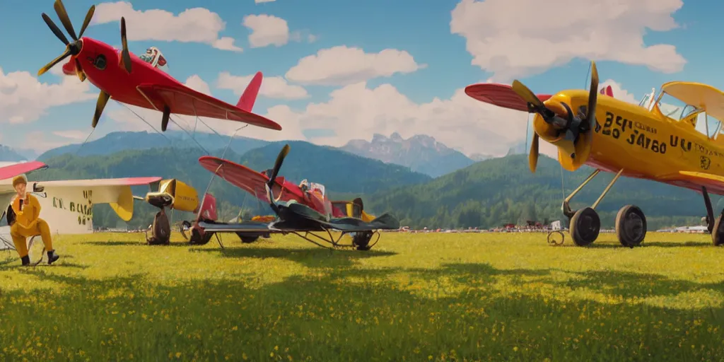 Prompt: a ultra photorealistic and sharp film still of an a sunny and colourful airfield in 1 9 1 6 in the middle of the bavarian alps, germany. parking and flying airplanes, wide shot, frog perspective, wes anderson, studio ghibli, pixar and disney animation, octane render, anime key art by greg rutkowski, dramatic lighting, award winning photography