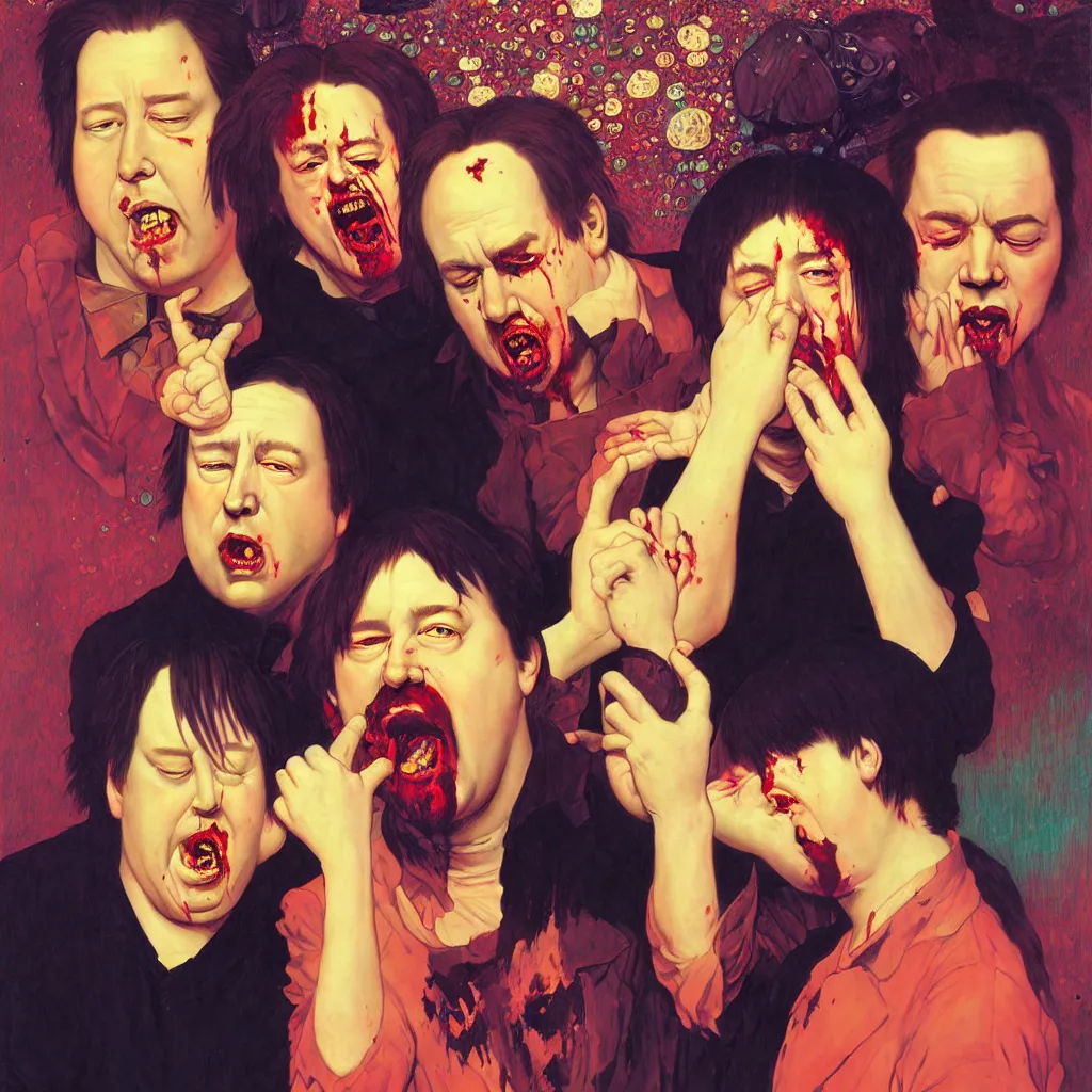 Image similar to weird and disturbing portrait of bill hicks and mike patton puking blood, vivid colors, happy, neon, art by ( ( ( kuvshinov ilya ) ) ) and wayne barlowe and gustav klimt and artgerm and wlop and william - adolphe bouguereau