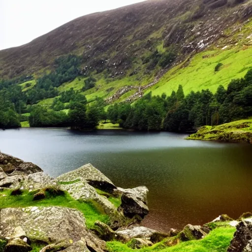 Prompt: a photo taken of glendalough lake, ireland