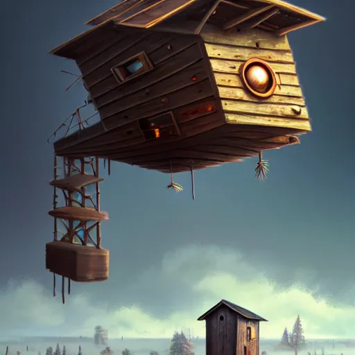 Image similar to a walking wood and metal house with two legs and one big eye, rust, hyperrealistic, highly detailed, cinematic, single ray of sun, morning, pareidolia, gravity falls style, disney, beautiful, cgssociety, artstation, 8 k, oil painting, digital art