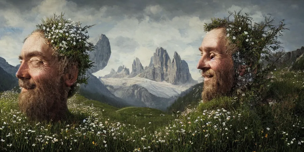 Prompt: old alpine famers head being overgrown by edelweiss, smiling, dolomites in background, dark, eerie, despair, portrait photography, artstation, digital art, adward winning, concept art, artstation, highly detailed, sharp focus, by caravaggio