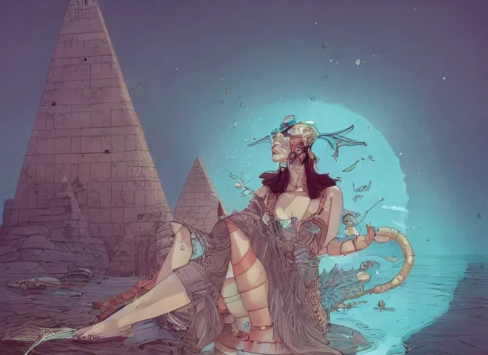 Image similar to lee jin - eun in luxurious dress emerging from turquoise water in egyptian pyramid city during an eclipse by peter mohrbacher, android james, conrad roset, m. k. kaluta, martine johanna, rule of thirds, elegant look, beautiful, chic