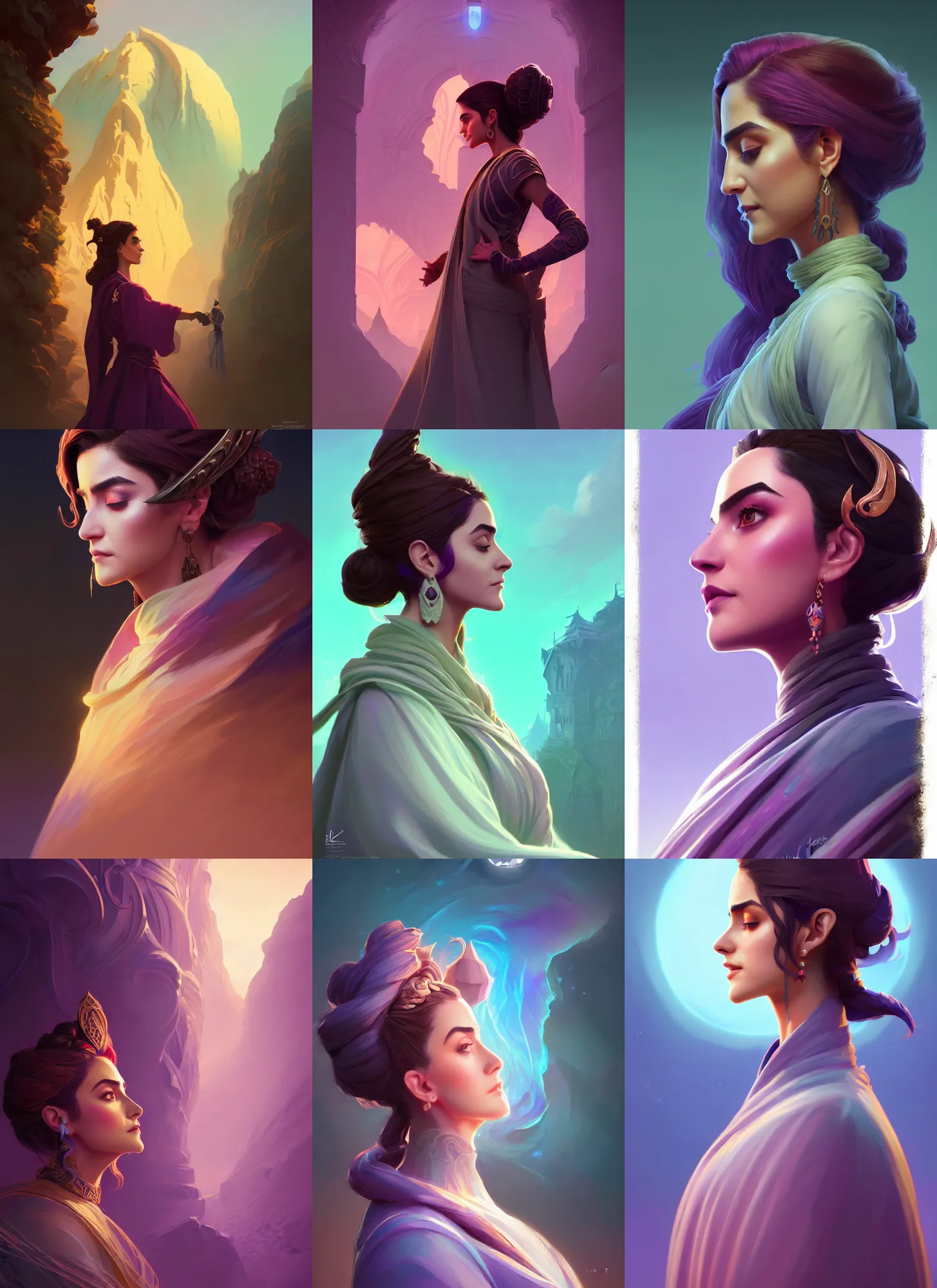 Prompt: side profile, maya ali, wizard, gloomhaven and dota concept art, robes, elegant, highly detailed, smooth, colorful swirly magical ripples, pastel colors, matte painting concept art, art nouveau, aesthetic octane render, 8 k hd resolution, by ilya kuvshinov and cushart krentz and gilleard james