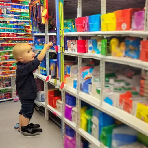 Prompt: a child looking longingly at a lollipop on the top shelf