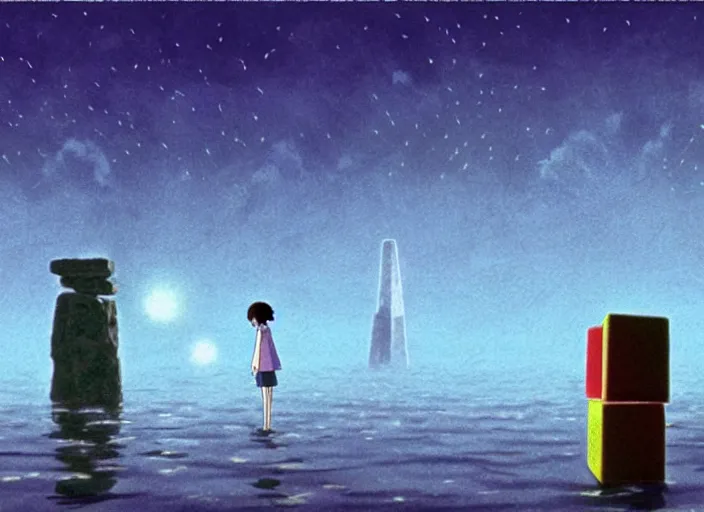 Image similar to a realistic cell - shaded studio ghibli concept art from paprika ( 2 0 0 6 ) of a flying multi - colored cube from close encounters of the third kind ( 1 9 7 7 ) and a grey long - haired witch in a flooded stonehenge on a misty starry night. very dull colors, wide shot, hd, 4 k, hq