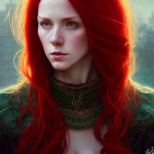 Prompt: long fancy red hair mage, portrait, gentle, scowl, cloth, female, city background, d & d, fantasy, intricate, elegant, digital painting, red green color palette, artstation, octane render, concept art, matte, sharp focus, illustration, herrarthstone, art by artgerm and greg rutkowski and alphonse mucha