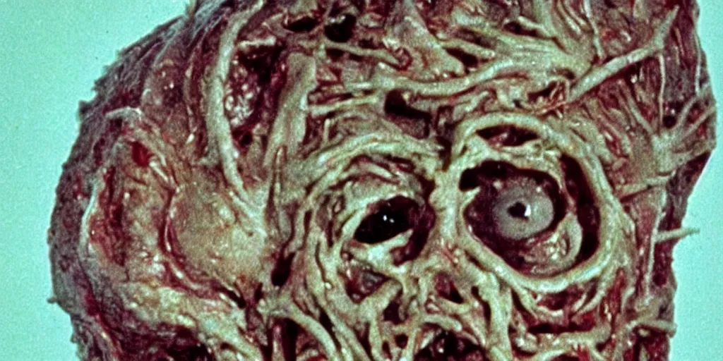 Image similar to filmic close up dutch angle movie still 35mm film color photograph of the snarling distorted deformed human face of a mutated abstract shape shifting organism made of human internal organs, disgusting dissected human tissue with a variety of grotesquely randomly strewn together animal limbs, in the style of a horror film The Thing 1982