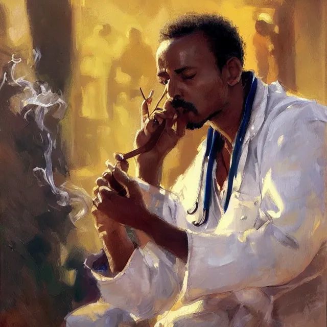 Image similar to an ethiopian male as a doctor smoking a cigarette, surrounded by beautiful women, portrait, elegant, intricate, digital painting, artstation, concept art, smooth, sharp focus, illustration, art by konstantin korovin and daniel f. gerhartz and john howe