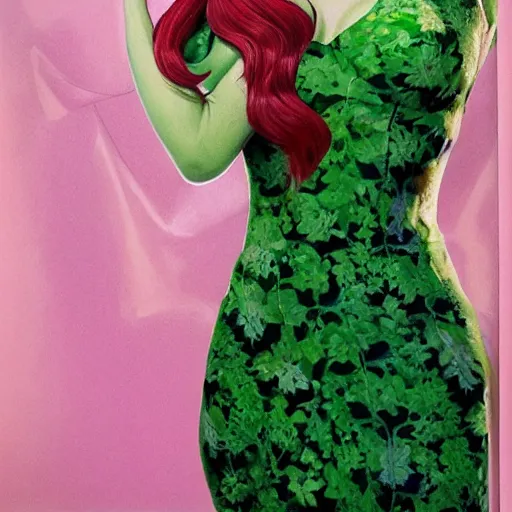 Image similar to portrait of emma stone as poison ivy, wearing a green dress and floral growths, epic details by alex ross