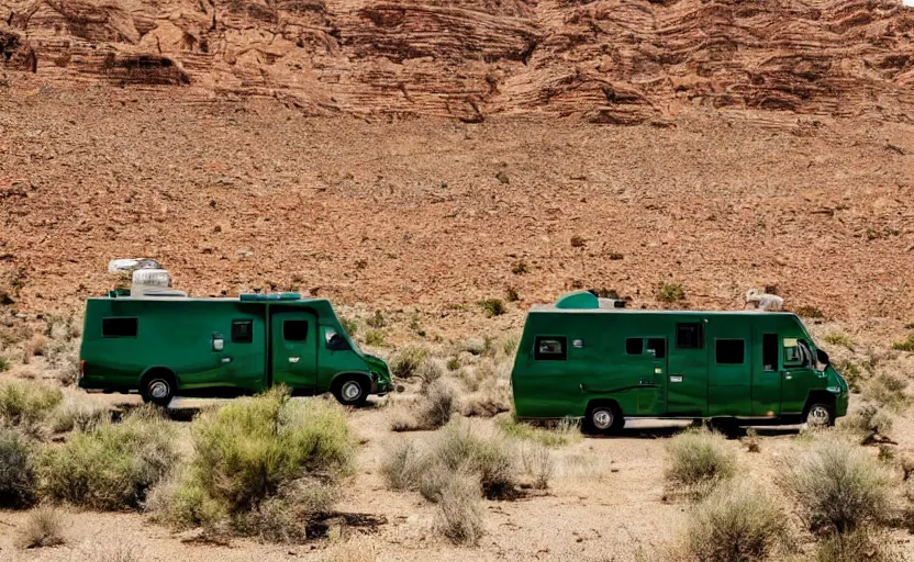 Image similar to a winnebago with green smoke from the top, in the desert, wide angle, cinematic