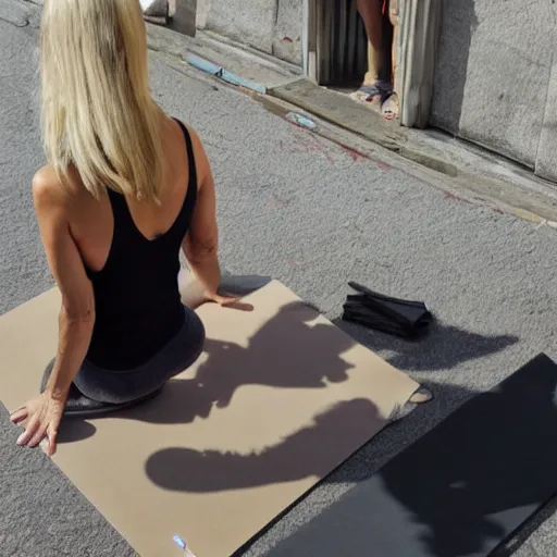 Prompt: a blonde woman in a yoga position selling paintings in Porto, greg rutkowski