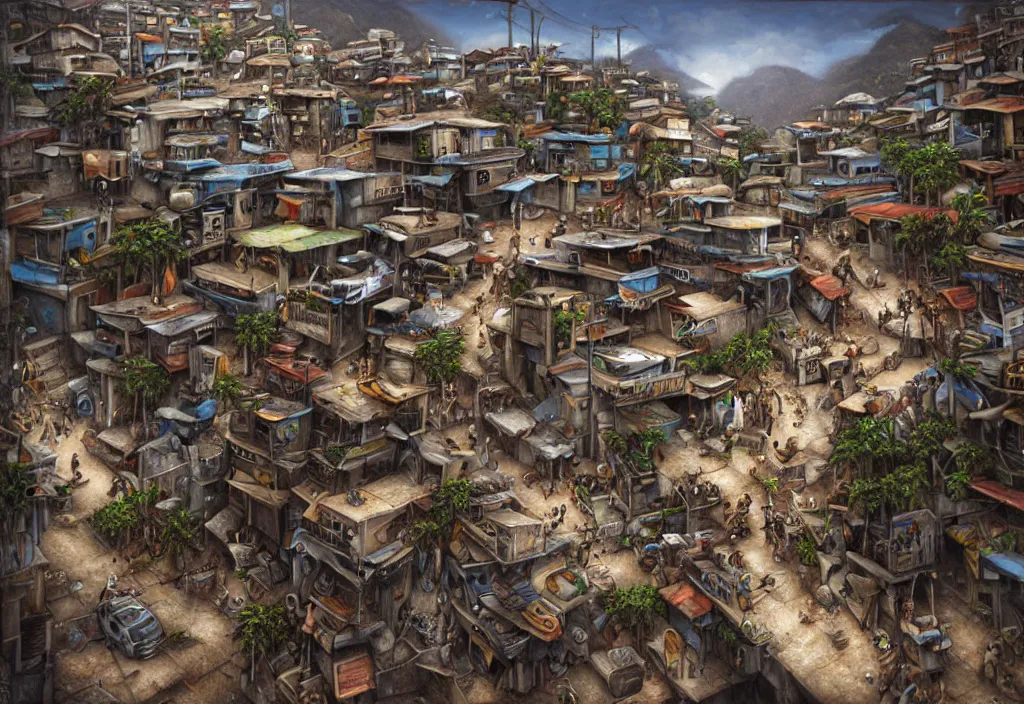 Image similar to photorealistic favela rio with precise rendered guns with intricate details of gun happy people in by Justin Gerard