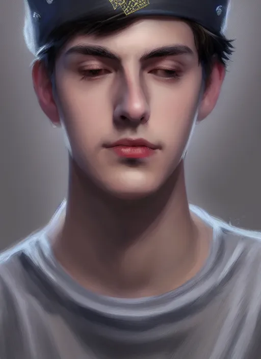 Image similar to portrait of teenage jughead jones wearing a light grey crown, photorealistic, crown, eyes closed, crown, black hair, intricate, elegant, glowing lights, highly detailed, digital painting, artstation, concept art, smooth, sharp focus, illustration, art by wlop, mars ravelo and greg rutkowski