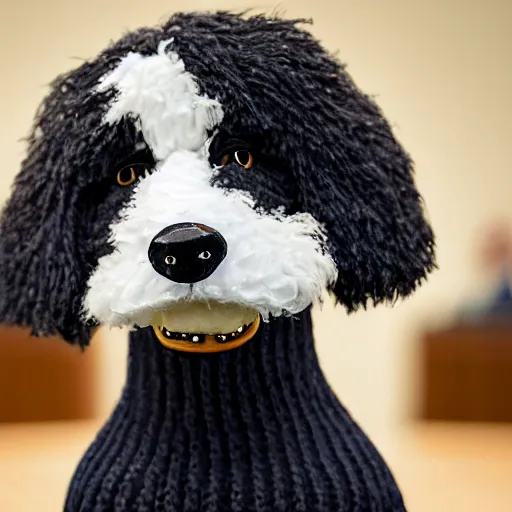 Image similar to a closeup photorealistic photograph of a smiling knitted bernedoodle judge dog dressed in a black gown, presiding over the courthouse. indoors, professional capture, well lit shot. this 4 k hd image is trending on artstation, featured on behance, well - rendered, extra crisp, features intricate detail, epic composition and the style of unreal engine.