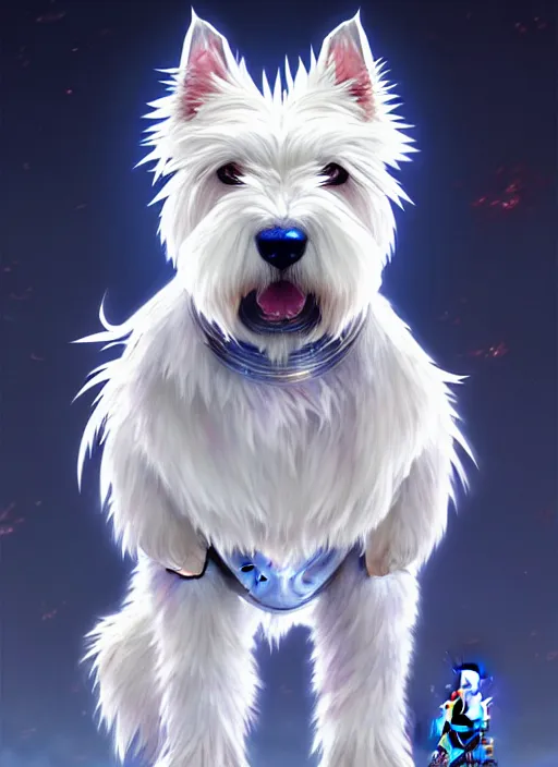 Image similar to a west highland white terrier, anime art style, wearing futuristic, led - lit armor, and a cannon mounted on his back, portrait, high detail, sharp focus, digital painting, artstation, concept art, art by hayao miyazaki and artgerm and greg rutkowski and alphonse mucha.