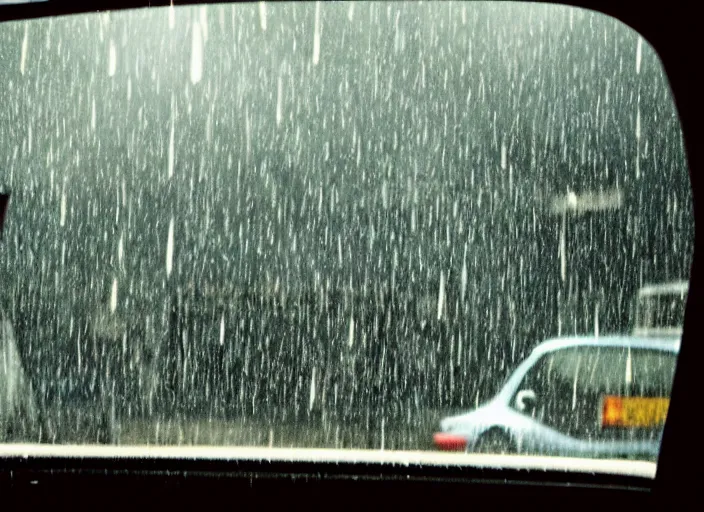 Image similar to A very high resolution image from a new movie, inside of a car, raining, hot, directed by wes anderson