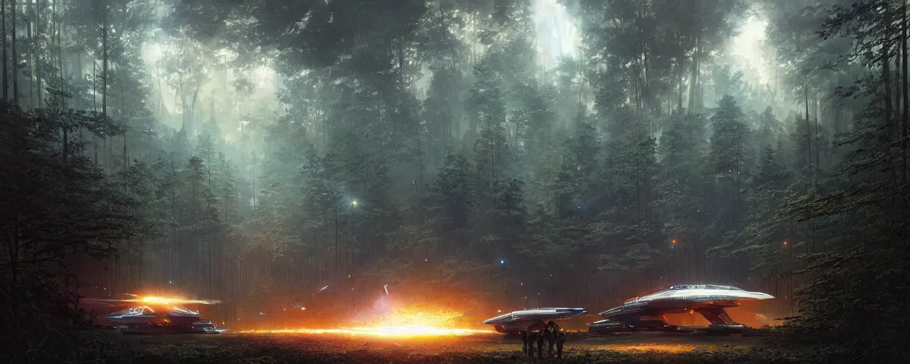 Prompt: big powerful laser light and big sound system on the left side close to the camera, a giant megastructure spaceship wrecked and lost in the forest, a small fire in the distance, detailed digital art by greg rutkowski.