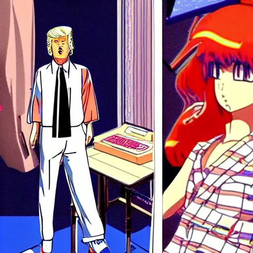 Image similar to ivanka and donald trump, sprite, vaporwave nostalgia, directed by beat takeshi, visual novel cg, 8 0 s anime vibe, kimagure orange road, maison ikkoku, sketch by akira toriyama