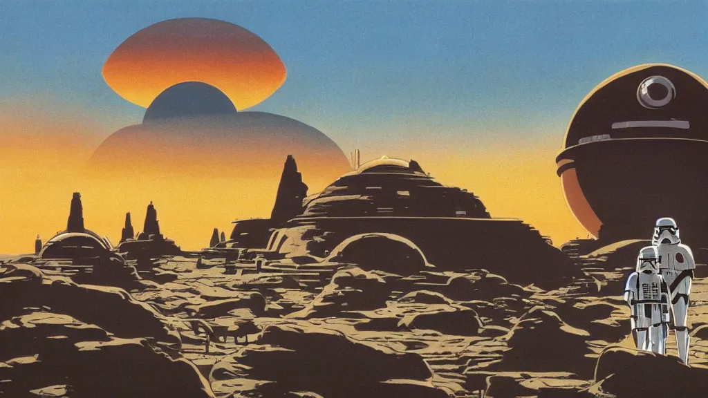 Image similar to tatooine landscape Star Wars a new hope 1977 studio ghibli animation