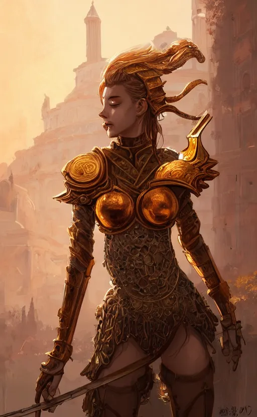 Image similar to portrait knights of zodiac girl, golden and copper shining armor, in ruined agora of athens sunrise, ssci - fi and fantasy, intricate and very very beautiful and elegant, highly detailed, digital painting, artstation, concept art, smooth and sharp focus, illustration, art by tian zi and wlop and z - - ed and ilya kuvshinov