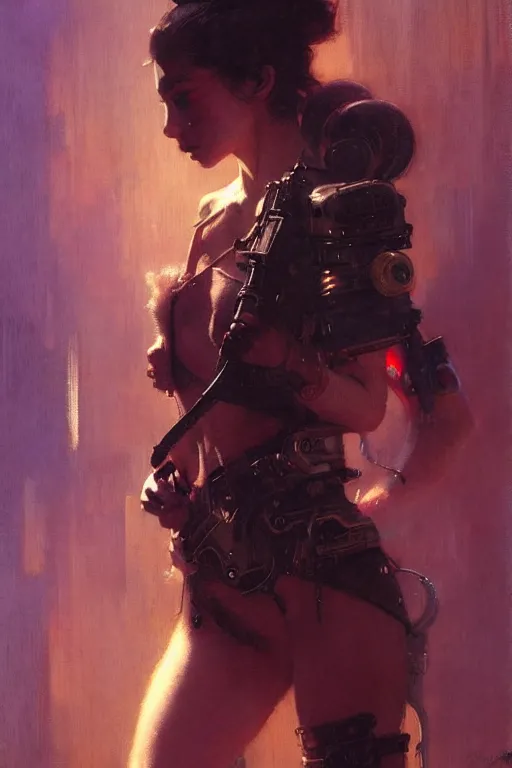 Image similar to portrait max mad cyberpunk, girl with a future weapon character design, painting by gaston bussiere, katsuya terada, nc wyeth, greg rutkowski, craig mullins, vermeer, frank frazetta, tom of finland, trending on artstation, jeffery catherine jones