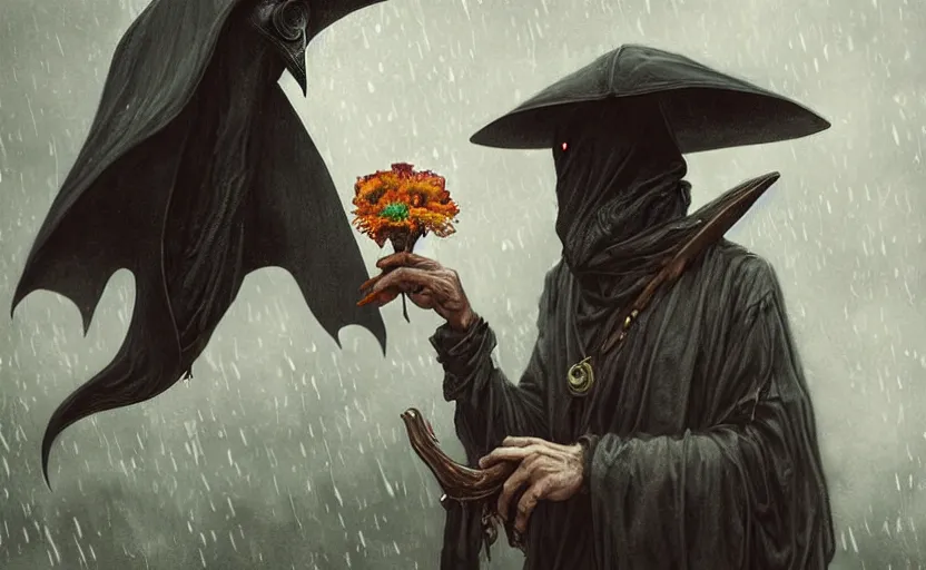 Image similar to plague doctor holding flowers, heavy rain, wind, thunder, reflections, deep focus, d & d, fantasy, intricate, elegant, highly detailed, digital painting, artstation, concept art, matte, sharp focus, illustration, hearthstone, art by artgerm and greg rutkowski and alphonse mucha