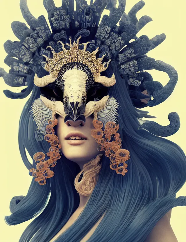 Image similar to 3 d goddess close - up profile portrait with crown, ram skull. beautiful intricately detailed japanese crow kitsune mask and clasical japanese kimono. betta fish, jellyfish phoenix, bio luminescent, plasma, ice, water, wind, creature, artwork by tooth wu and wlop and beeple and greg rutkowski